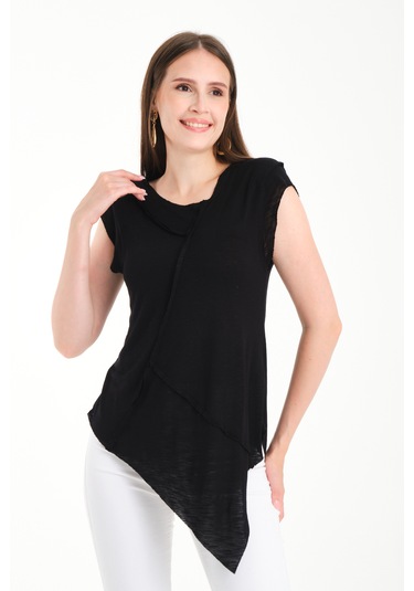 Asimetrik Penye Bluz Siyah