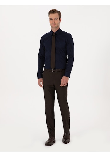 Cacharel Lacivert Slim Fit %100 Pamuk Klasik Gömlek