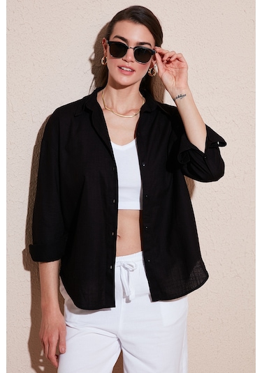 Lela Pamuklu Regular Fit Uzun Kollu Düz Bayan Gömlek Cf25S168305 Siyah