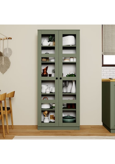 Lucas Cam Kapaklı Vitrin - Büfe - Kitaplık Ve Çok Amaçlı Dolap Ayarlanabilir Raf - Yeşil Yeşil