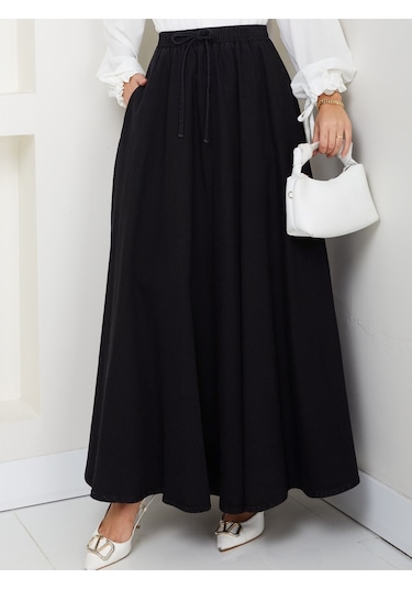 Beli Lastikli İpli Kot Kloş Etek Siyah Siyah