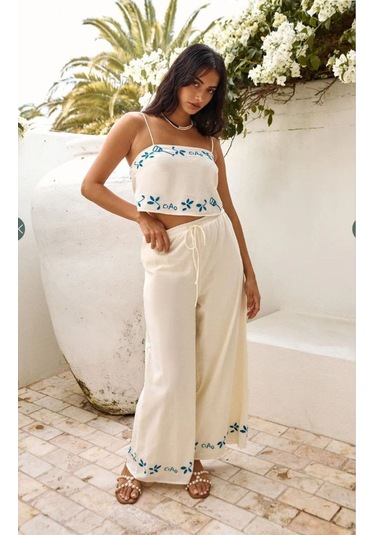 Yaz Desenleri İnce Askı Bluz Pantolon 2li Bohem Takım Beyaz
