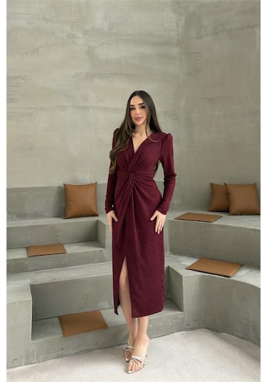 Neşeli Butik Kadın Bordo Anvelop Büzgülü Simli Premium Midi Elbise Nbelb08 Bordo