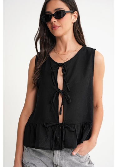4717 Kadın Önü Bağcıklı Fırfırlı Kolsuz Keten Bluz Siyah Siyah