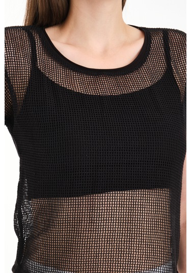 Japone Kol Kare File Bluz Siyah