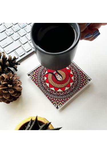 Cam Bardak Altlığı Modern Şahmeran 4'lü Takım Beyaz