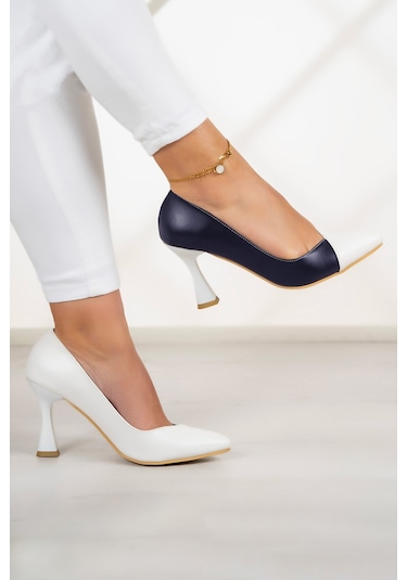 Erkan Saçmacı Jatqılı Plus Lacivert Beyaz İnce Kadeh Topuklu Klasik Ayakkabı Lacivert