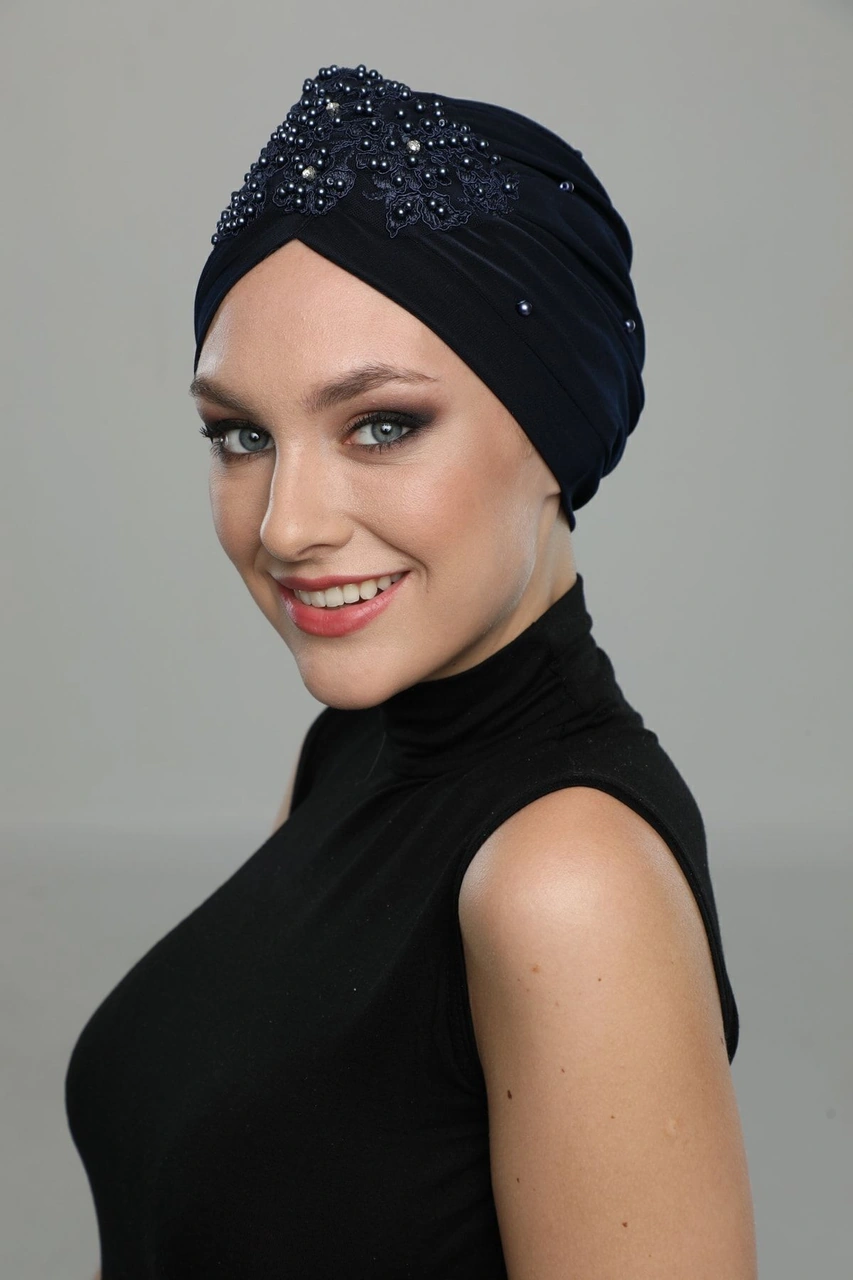 Kopma Astarlı Işlemeli Lacivert Dantel Motifli Hazır Türban Tesettür Abiye Bone Lacivert Dantel