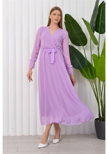 Kadın Kuşaklı Uzun Şifon Elbise Dpkts003 Lila