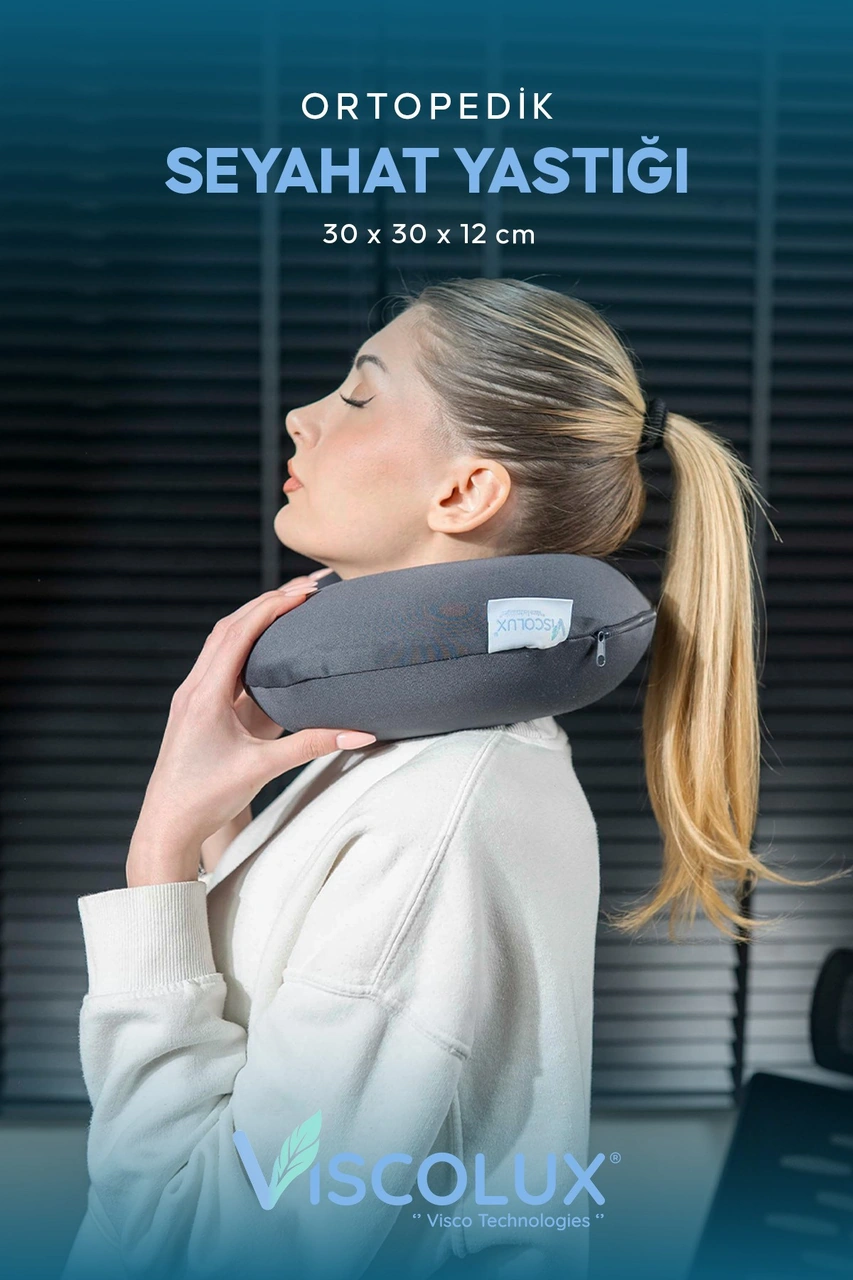 Ortopedik Visco Seyahat Yastığı - Visco Boyun Destekli Yastık 30x30x12 Füme