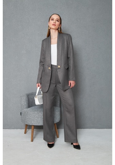 Kare Düğmeli Yünefekt Takım Antrasit Düz Antrasit