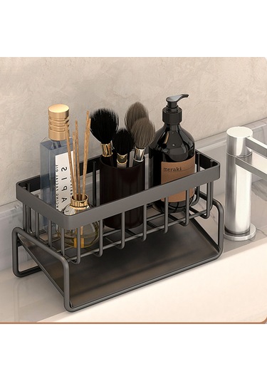 Maiyame Pratik Mutfak Lavabo Organizatörü - Paslanmaz Çelik, Gri, Otomatik Tahliyeli, Havlu Askılı Siyah