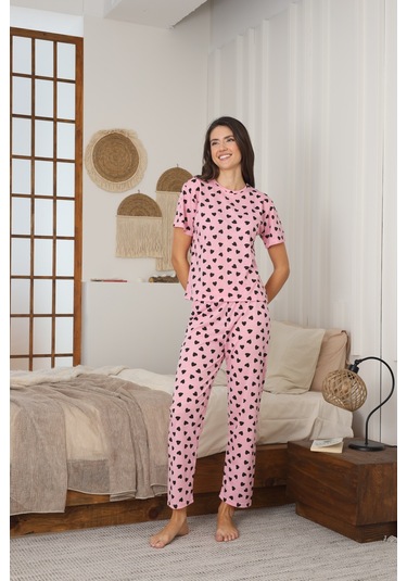 Kadın Yazlık Kısa Kol Penye Süprem Kumaş Pijama Takımı Pembe Siyah