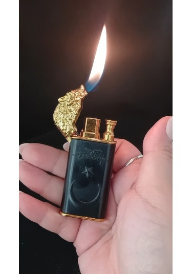 Mat Siyah Lüks Hediye Çakmak - Gold Kurt Figürlü Ay Yıldız Kabartmalı Çok Renkli