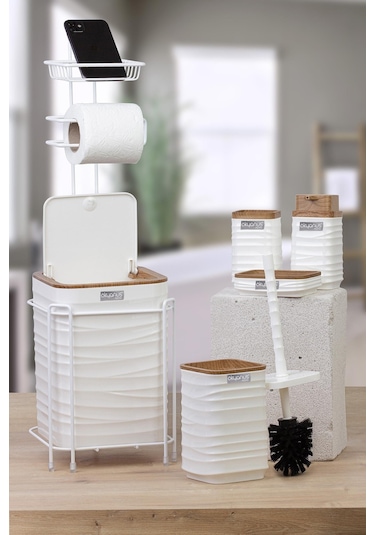 Okyanus Home Beyaz Ahşap Desenli Luna Kare Yedekli Wc Kağıtlık Ve 6 Parça Banyo Seti