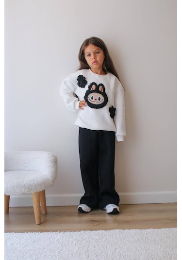 Kız Çocuk 3 İplik Şardonlu Peluş Baskı Detaylı Sweatshirt - Eşofman Alt Üst Takım Siyah Beyaz
