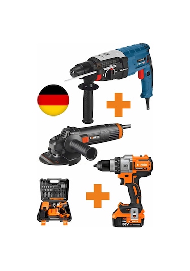Böhrer HB0109T XR V58 Akülü Vidalama Matkap + 3200W Kırıcı Delici Hilti + 125 MM Büyük 2100W Taşlama + Demir Kesme Set