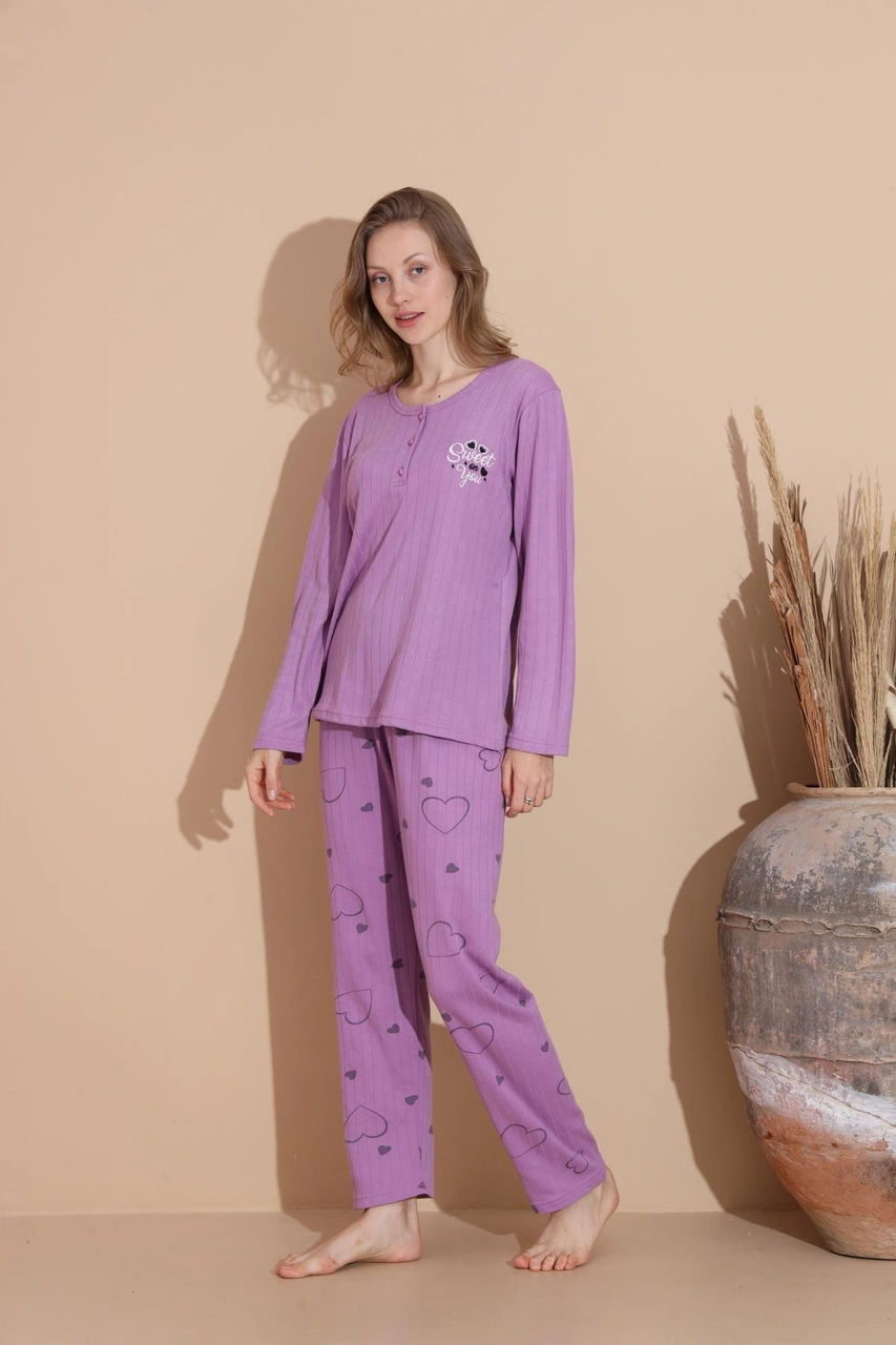 Lindros Kadın Pamuk'lu Düğme Yaka Raporlu İnterlok Kışlık Pijama Takımı 05034 - 1 Adet Mor