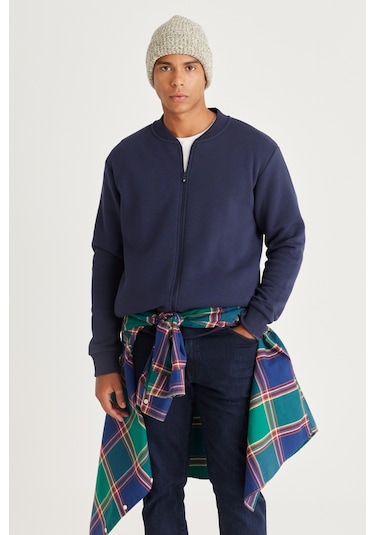 AC&Co / Altınyıldız Classics Erkek Lacı Standart Fit Normal Kesim İçi Polarlı Kolej Yaka Pamuklu Sweatshirt Lacivert