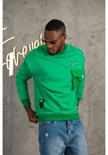 Oversize 3 İplik Bisiklet Yaka Torba Cepli İçi Polarlı Basic Sweatshirt 001