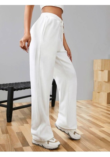 Kallima Kışlık Polarlı Yüksek Bel Beyaz Bol Paça Eşofman Altı Siyah