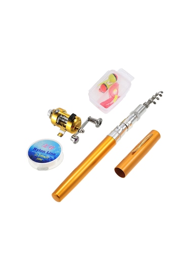 Jeehugo Alüminyum Alçımlı 1m Çubuklu Balıkçılık Seti - Mini Gümüş Makara, 25m İp Ve Yem Kutusu Altın Altın