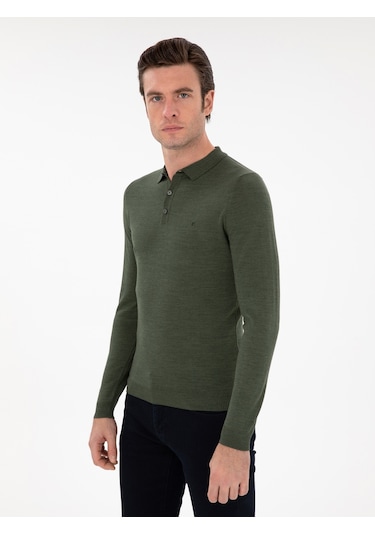 Cacharel Haki Slim Fit Yün Karışımlı Polo Yaka Basic Triko Kazak Yesıl