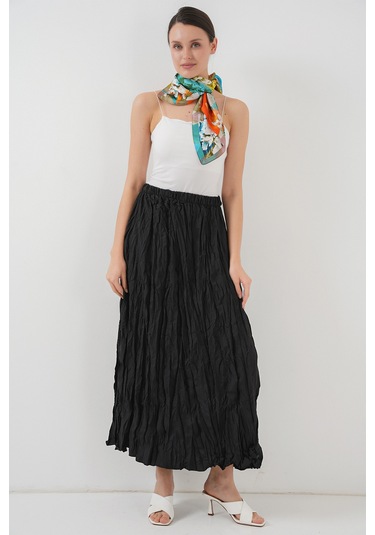 Kadın Uzun Kırışık Etek 8042 - Siyah Siyah