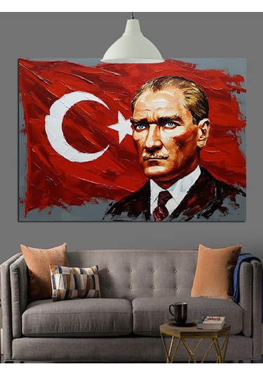 Türk Bayrağı Önünde Atatürk Dekoratif Kanvas - Mdf Ahşap Tablo