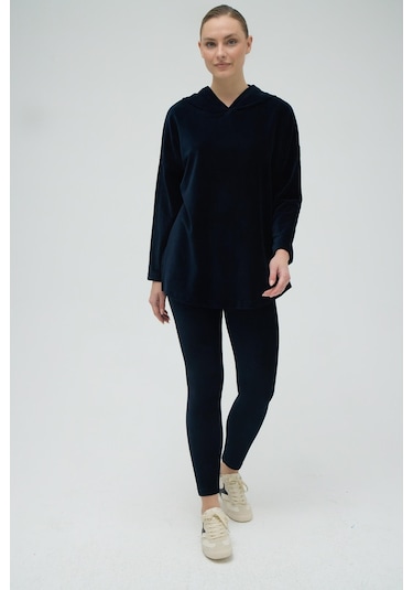 Kadın Uzun Kol Kapüşonlu Kadife Taytlı Lacivert Eşofman Takım C0t2n0o12 001
