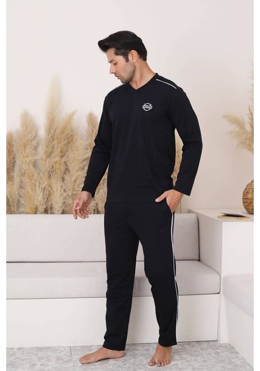 Erkek Siyah V Yaka %100 Pamuk Mevsimlik Uzun Kol Pijama Takımı-siyah Cepli Eşofman Takımı Siyah