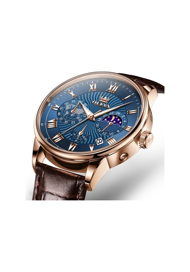 Olevs 2893 Erkekler Çok Fonksiyonlu İş Kuvars Saati Kahverengi + Mavi