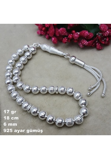 925 Ayar Gümüş Tesbih Yuvarlak Kesim Çizgili Model Küçük Boy