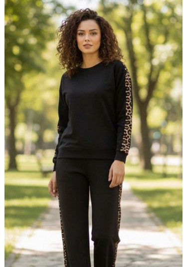 Trend Alisse Bisiklet Yaka Leopar Garnili Esnek Cepli Modal Takım Siyah