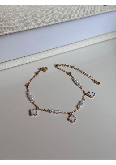 İnci Boncuklu Beyaz Çiçek Figürlü Altın Renk Kadın Halhal Altın