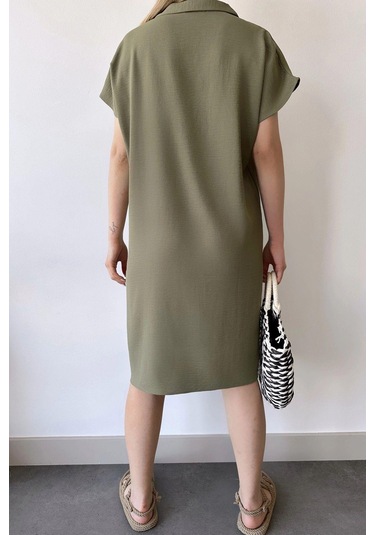 Kadın Haki Kısa Kol, Polo Yaka, Dokulu Desen, Basic Kalıp/kesim, Aerobin Rahat Midi Elbise Haki