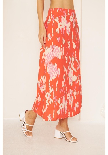 Kırmızı Desenli Yırtmaçlı Midi Etek Dm2014 Kırmızı