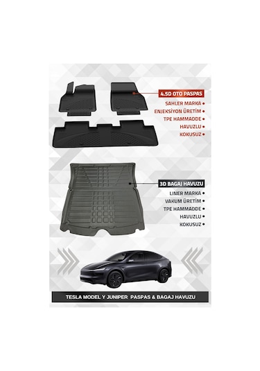 Sahler Tesla Model Y Juniper 2025+ Uyumlu 4.5d Premium Havuzlu Oto Paspas Ve Liner Marka 3d Bagaj Havuzu