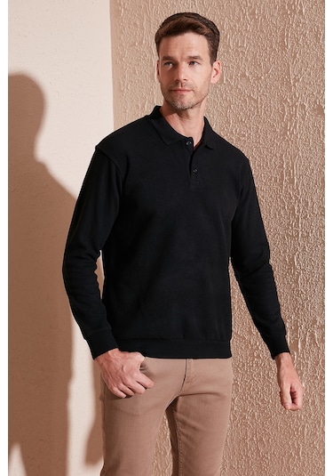 Buratti Pamuklu Regular Fit Düğmeli Polo Yaka Erkek Kazak 456211 Siyah