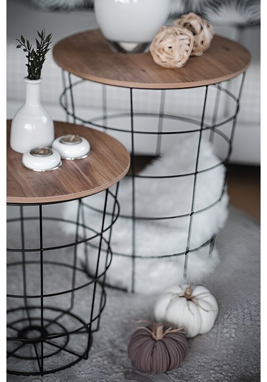 Tel Saklama Sepetli Zigon Metal Orta Sehpa 2’li