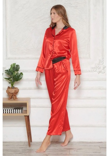 Angel's Story 1202 Kadın Saten Uzun Kollu Gömlek Pijama Takım-kırmızı Kırmızı
