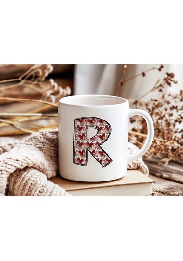 R Harfi Aşk Temalı Kupa - Kalp Desenli Kişiye Özel Romantik Sevgililer Günü Kahve Kupası Beyaz