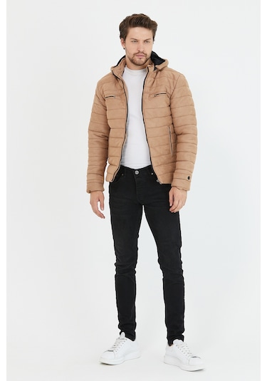 Erkek Vizon Dar Kesim Kapüşonlu Kalın Kumaş Süet Mont Vizon