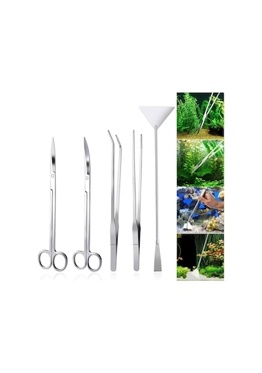 Akvaryum Seti 5'i 1 Arada Paslanmaz Çelik Akvaryum Su Bitkisi Alet Seti Pense Makas Spatula