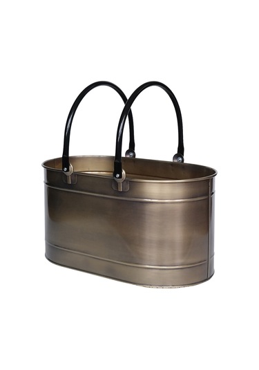 Metal Gold Uzun Oval Kulplu Tasarım Şömine- Soba Odun Depolama Saklama Kovası