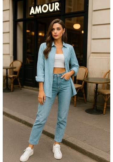 Kadın Çizgili Oversize Gömlek Mint Yeşili Beyaz Pamuk Gömlek Mint Yeşili