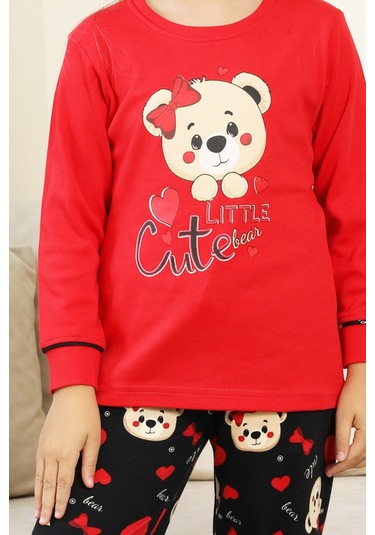 Kız Çocuk Ayıcık Baskılı %100 Pamuk İnterlok Kumaş Pijama Takımı 12347 Nar Cıcegı