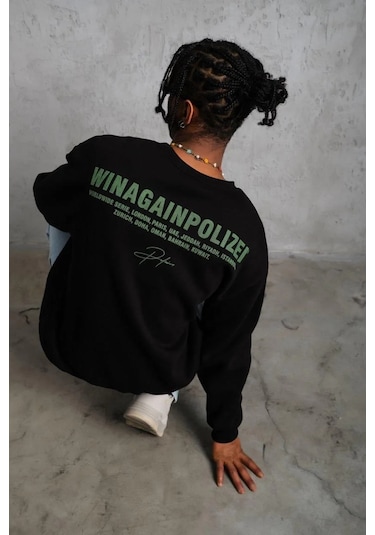 Erkek Oversize Sweatshirt Siyah Renk Ön Ve Sırt Baskılı, Üç İplik İçi Pamuklu Kumaş, Rahat Kalıp Siyah