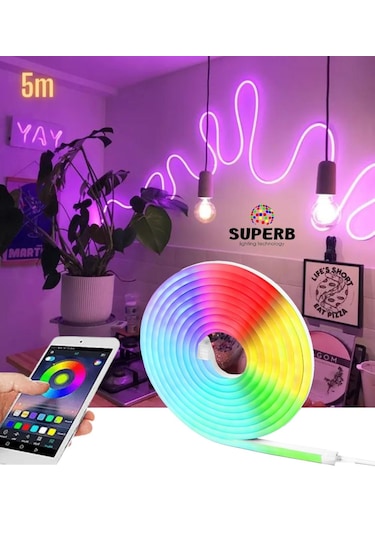 Neon Led Şerit Işık Seti Rgb Renkli Bluetooth Smart 5 Metre