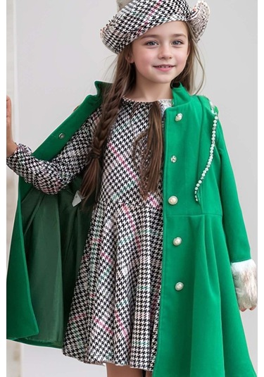 Riccotarz Kız Çocuk Kazayağı Desen Elbise Kolları Peluş Ve Omuzları İnci İşleme Kemerli Yeşil Kaşe Kaban Yeşil
